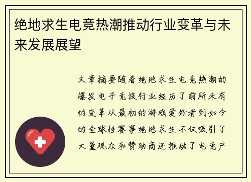 绝地求生电竞热潮推动行业变革与未来发展展望